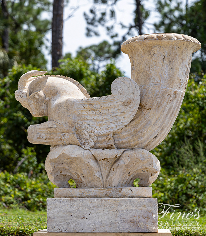 Marble Planters  - Mythical Ram Planter Pair In Classic Light Travertine - MP-343